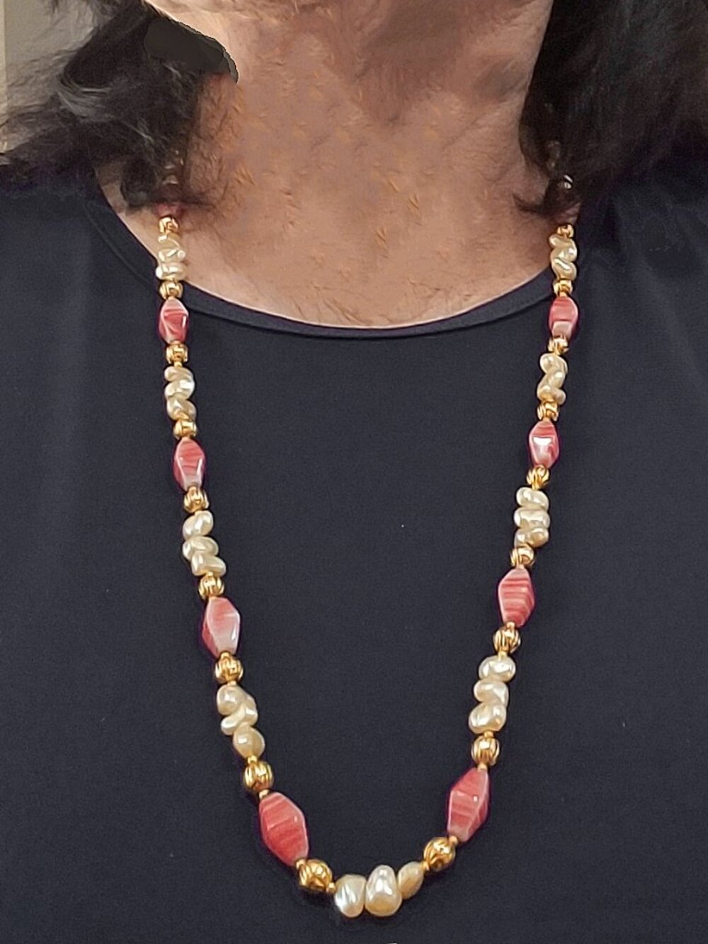 Freshwater Pearl and Salmon Pink Banded Agate Gold Tone Station Necklace